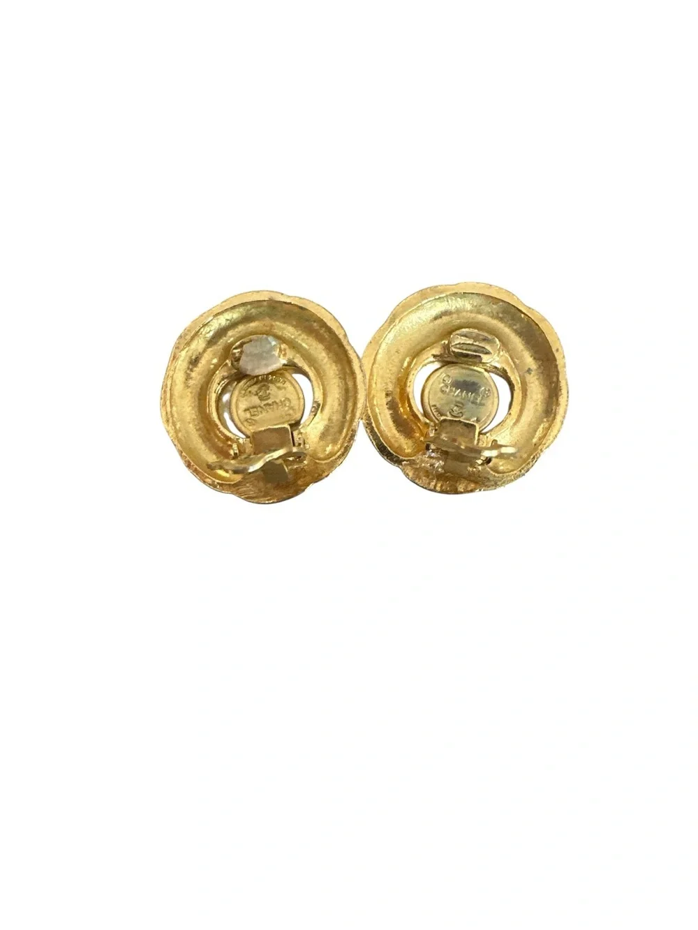 CHANEL Gold-Tone Button Earrings with White Pearl Centers